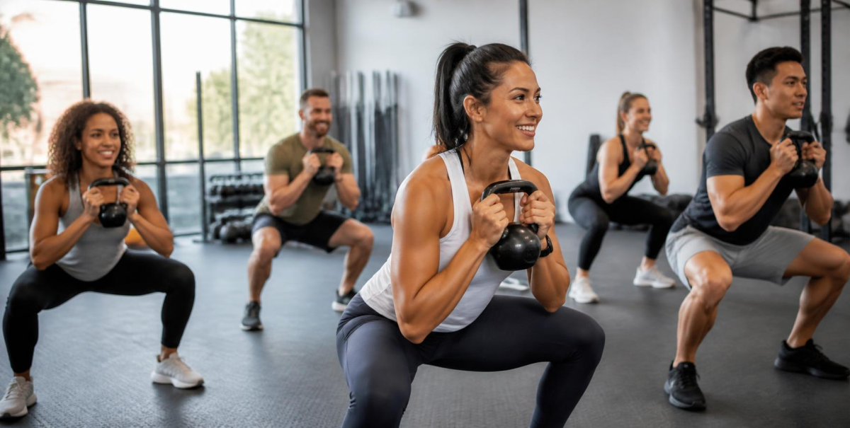 Gym members participating in a group fitness class during the September membership surge