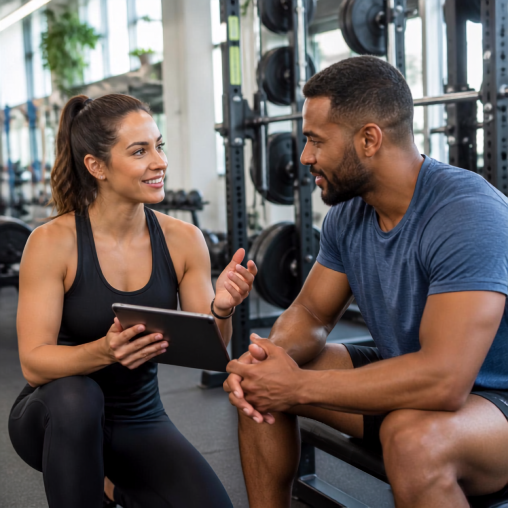Personal trainer conducting a member check-in as part of a fitness club's retention program