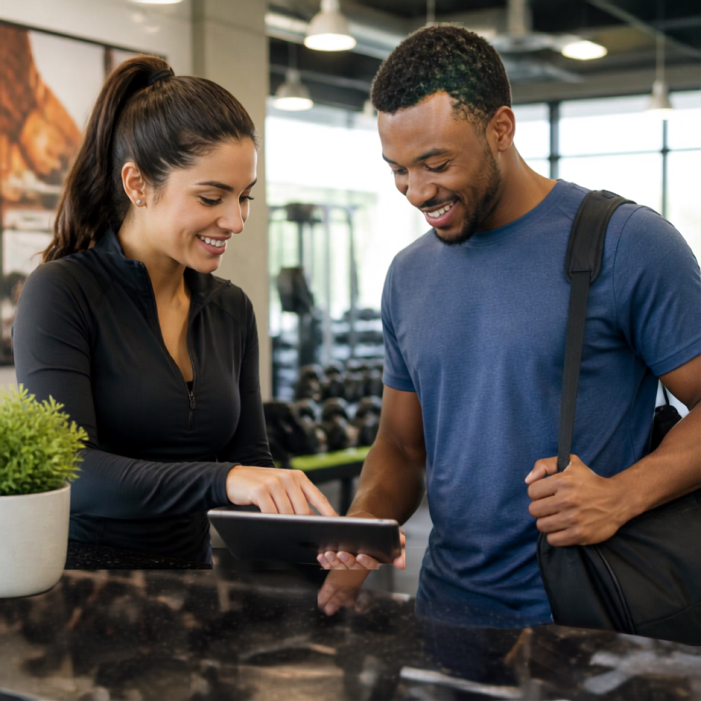 Fitness club staff member assisting a new client with a fall membership for sign-up leading to gym growth